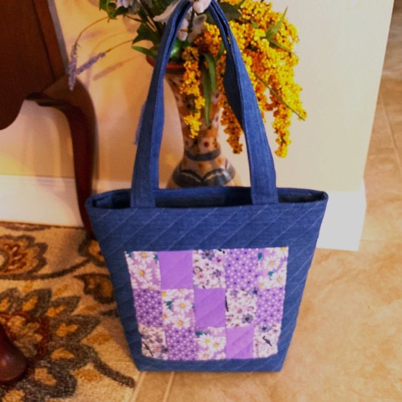 Handmade Denim and Lavender Floral Patchwork Quilted Tote Bag with Zip Closure - Picture 8 of 9